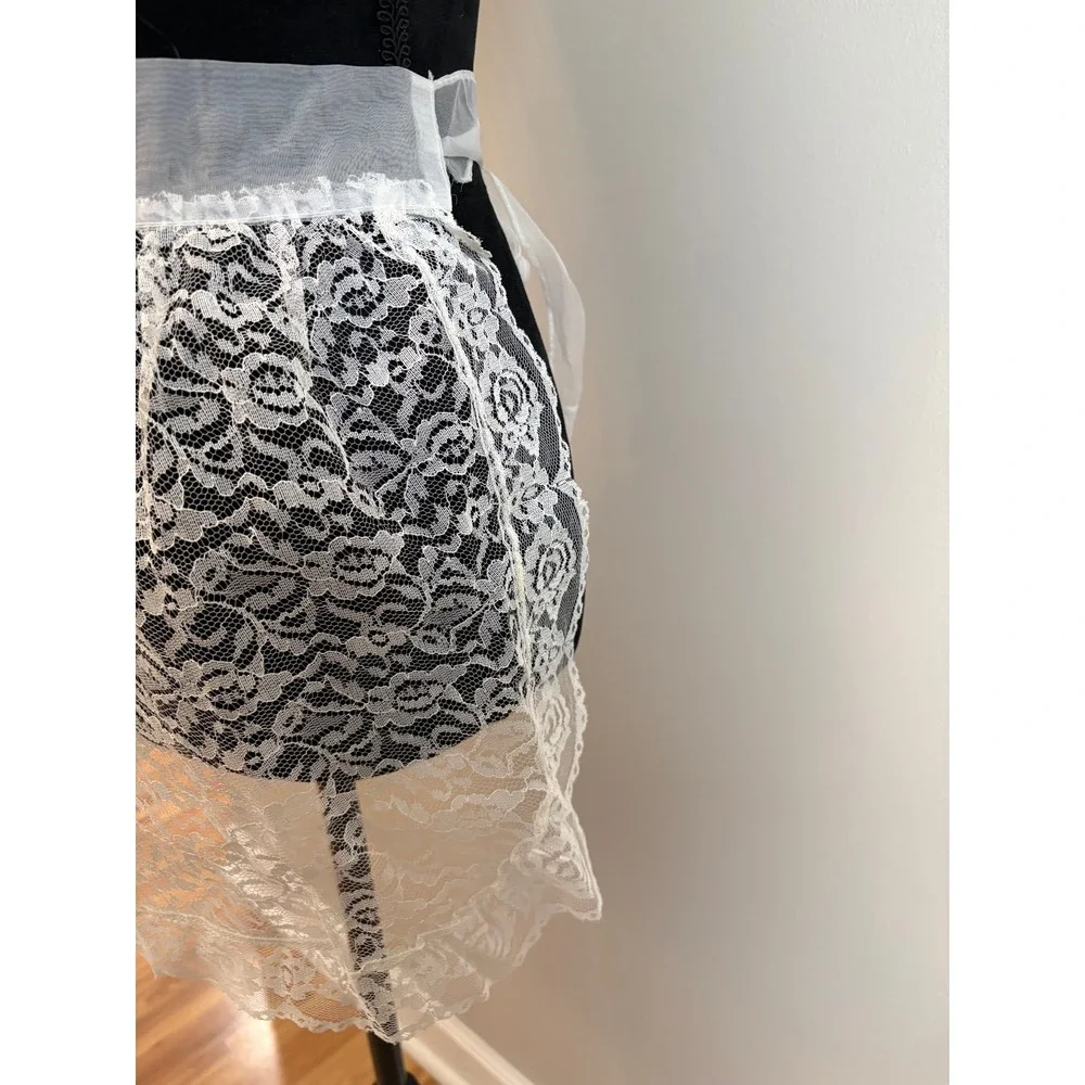 Vintage White Floral Lace Half Apron Sheer Organza Tie Waist Coquette Bow Pocket